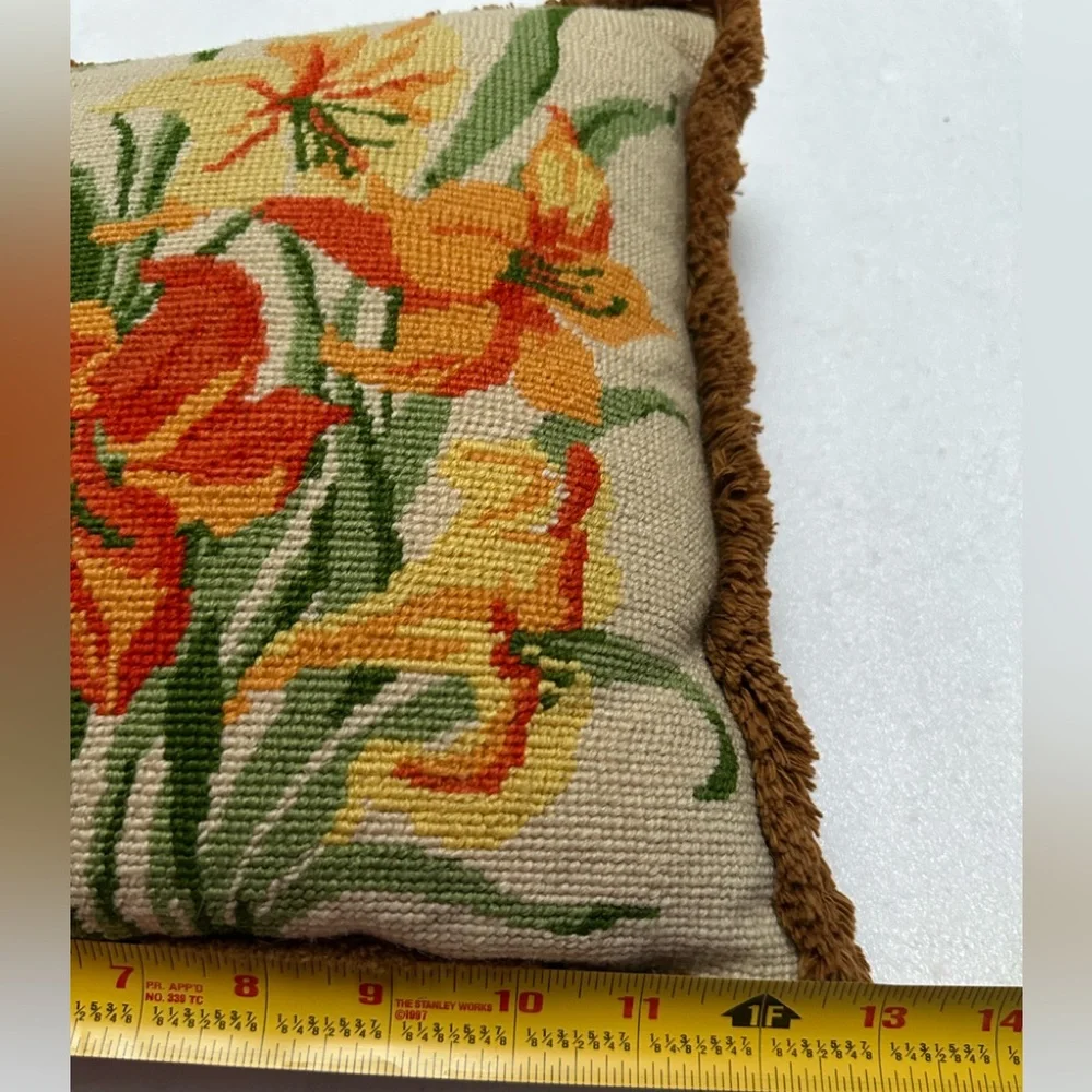 Vintage Needlepoint Tapestry Flower Design Throw Pillow with Fringe 13” x 13”